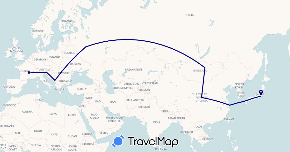 TravelMap itinerary: driving in China, France, Japan, Montenegro, Mongolia, Russia, Slovenia (Asia, Europe)